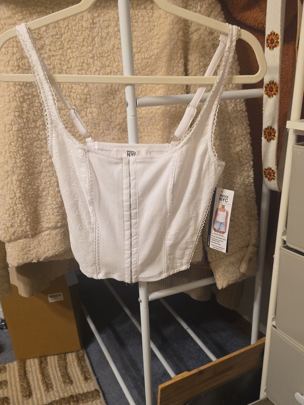 Madden NYC White Ribbed Corset-Style Camisole with Embroidered Detail